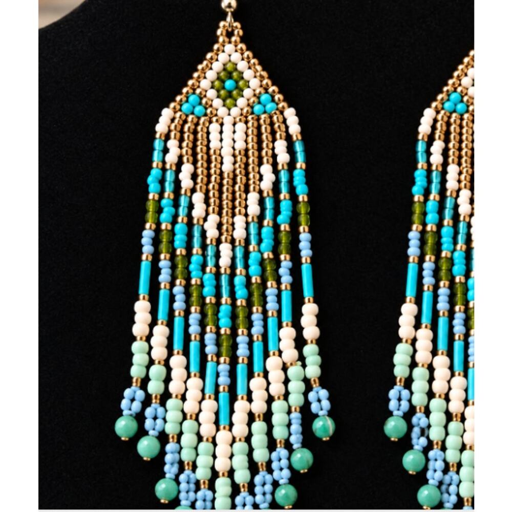Beaded Dangle Earrings Cascade of Blue White & Gold & Geometric Patterns - Picture 2 of 2